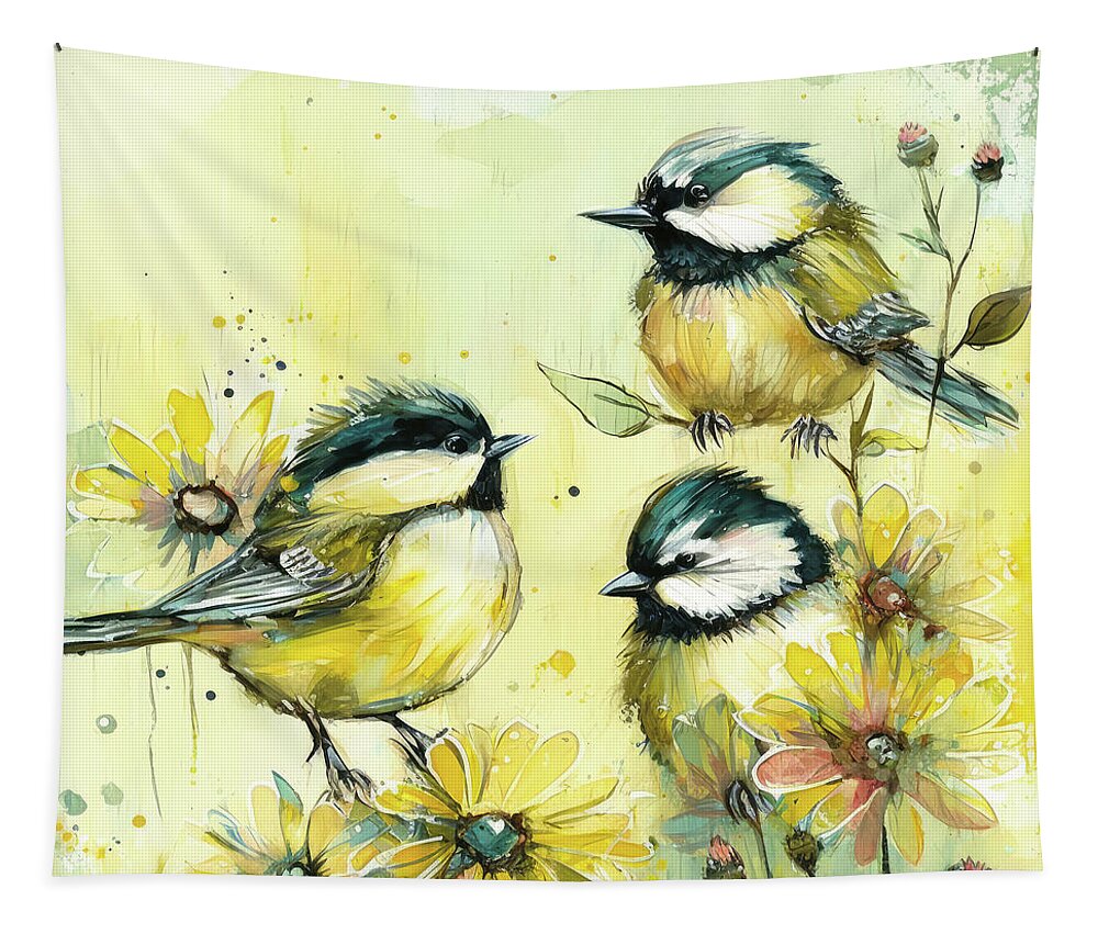 Chickadee Birds Tapestry featuring the painting Three Little Chickadees by Tina LeCour