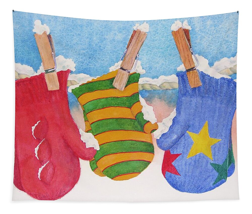 Christmas Card Tapestry featuring the painting Three Little Mittens by Mary Ellen Mueller Legault