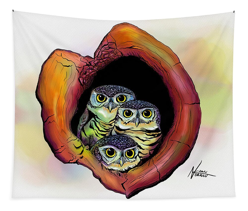 Wildlife Tapestry featuring the digital art Three Owls by Norman Klein
