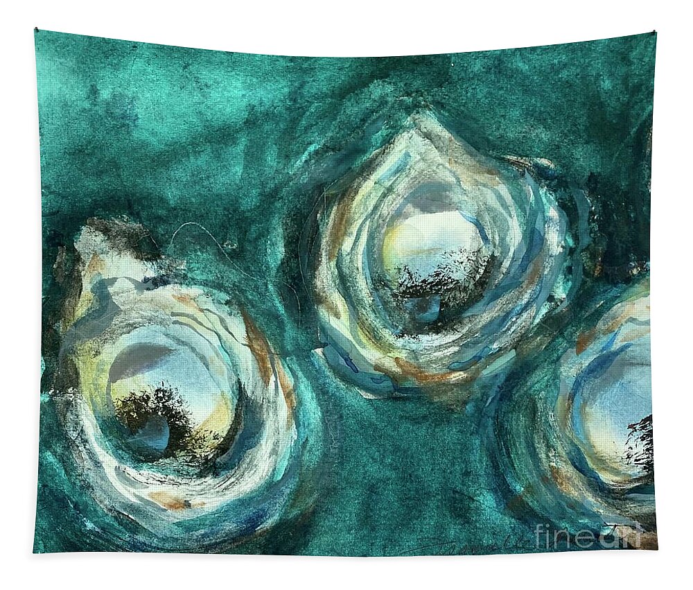 Louisiana Seafood Tapestry featuring the painting Three Oyster Cult by Francelle Theriot
