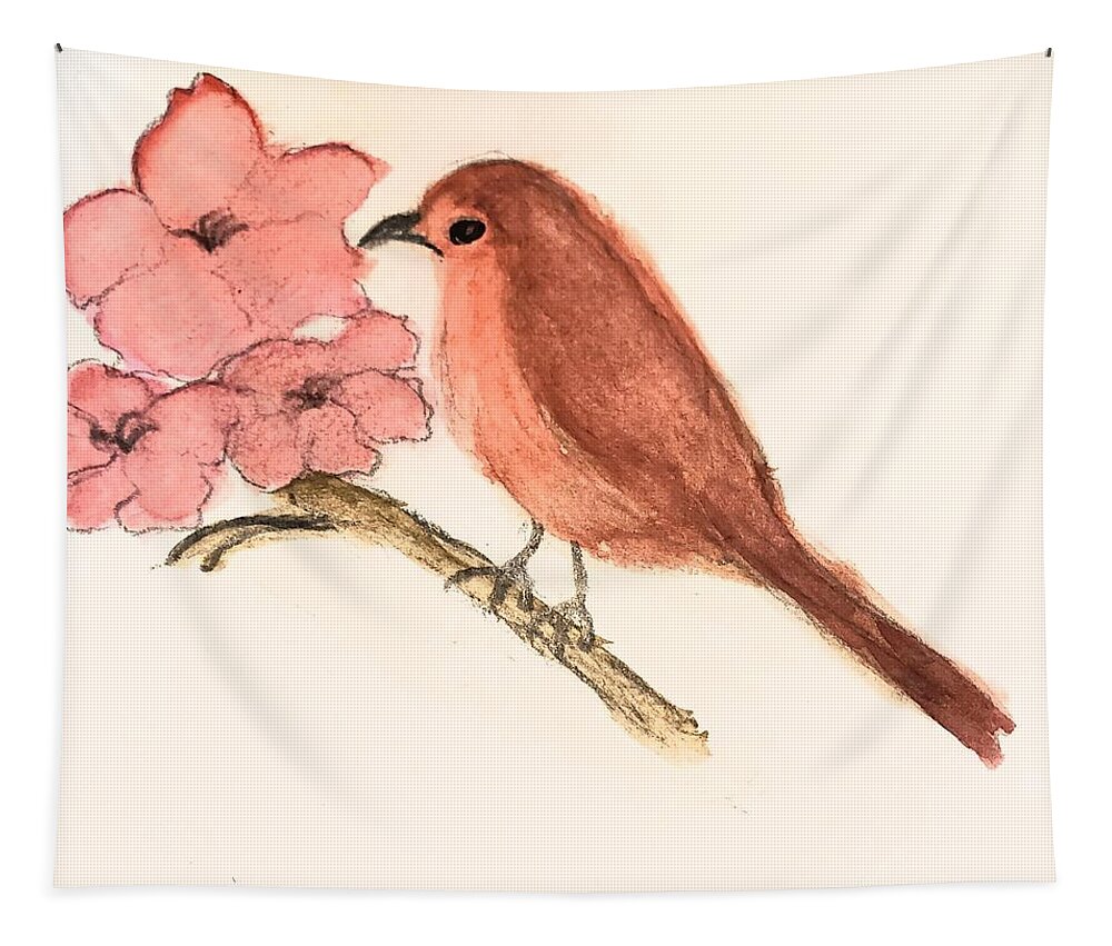  Tapestry featuring the painting Three Pink Flowers and a Bird by Margaret Welsh Willowsilk