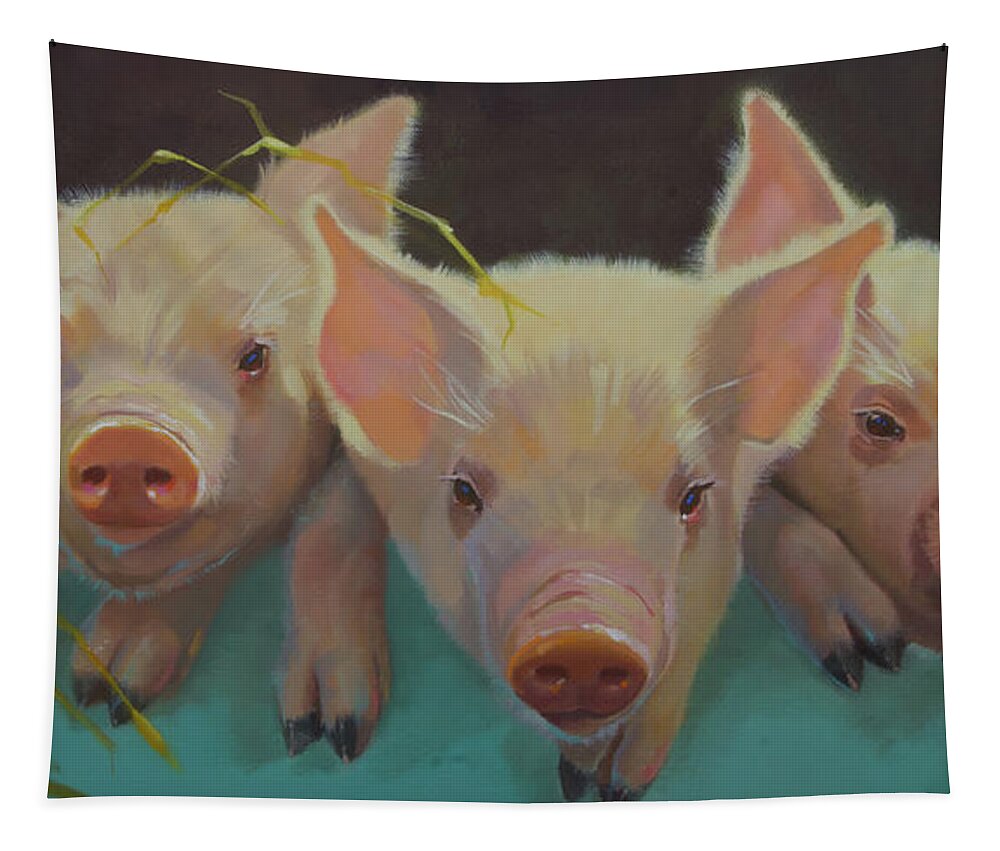 Farm Animals Tapestry featuring the painting Three Pigs on Turquoise by Carolyne Hawley