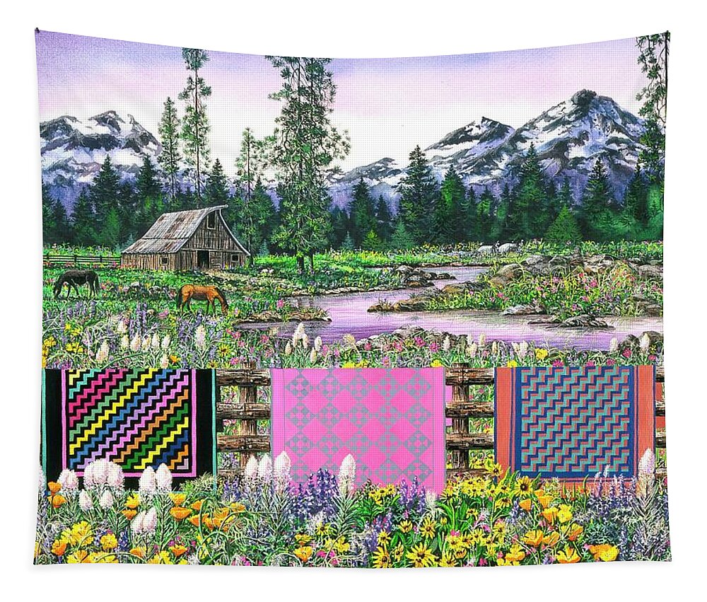 Mountains Tapestry featuring the painting Three Sisters Quilts by Diane Phalen