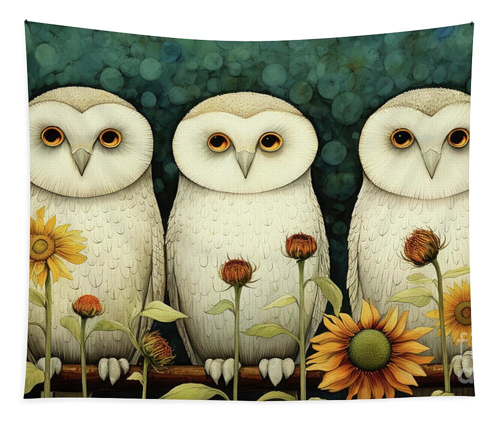 Owl Tapestry featuring the painting Three Wise Owls by Tina LeCour