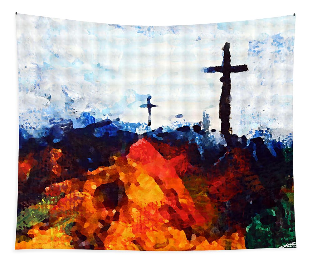 Three Wooden Crosses Tapestry featuring the digital art Three Wooden Crosses by Kume Bryant
