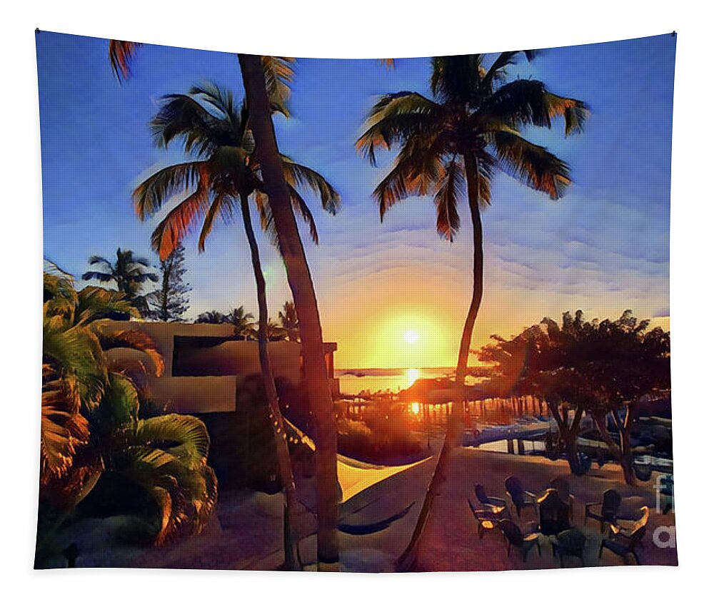 Key Largo Moon Bay Golden Glow Sunset Dock Boat Water Peace Serenity Happiness Blue Sky Palm Trees Reflections Eileen Kelly Artistic Aftermath Live Love Light Horizon Hope Art Artist Canvas Prints Grateful Tapestry featuring the digital art Through the Palms by Eileen Kelly