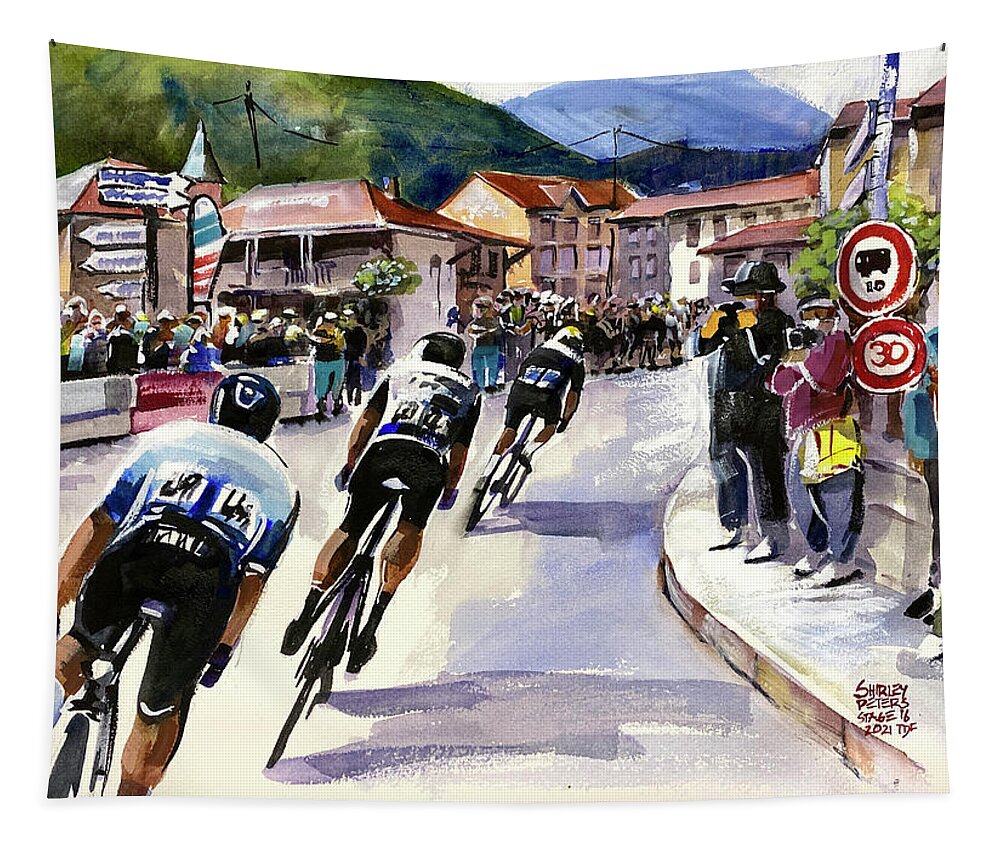 Le Tour De France Tapestry featuring the painting Through the Town Stage 16 TDF2021 by Shirley Peters