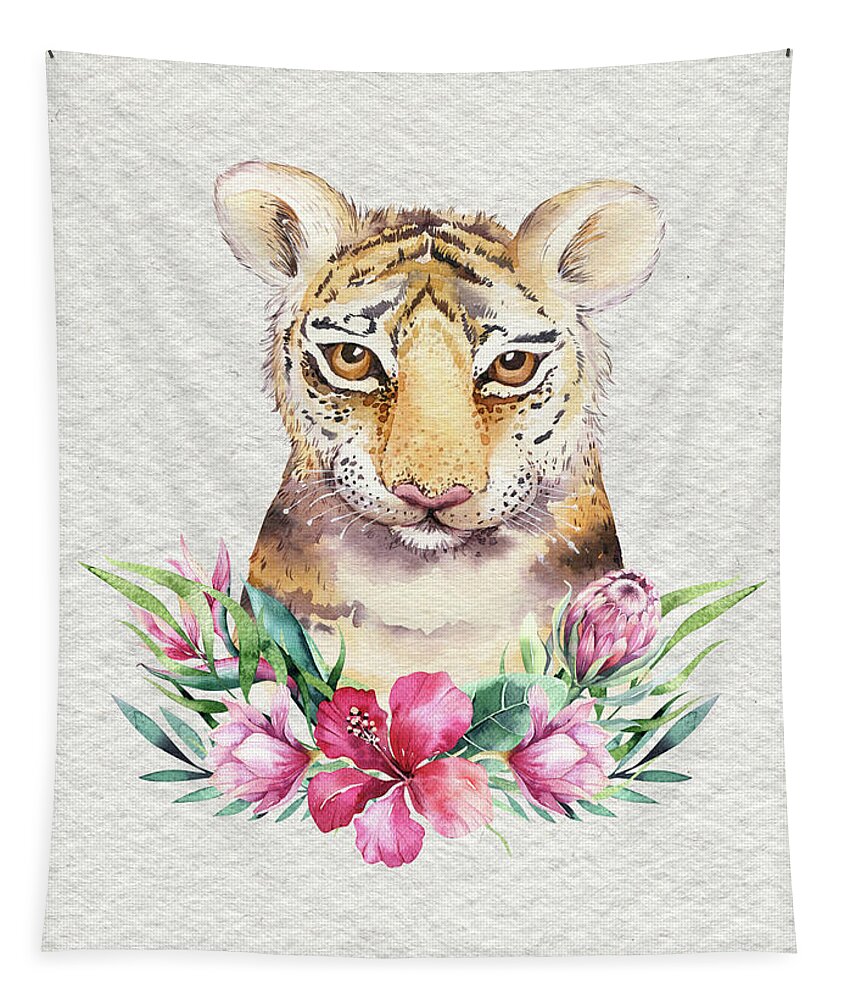 Tiger With Flowers Tapestry featuring the painting Tiger With Flowers by Nursery Art