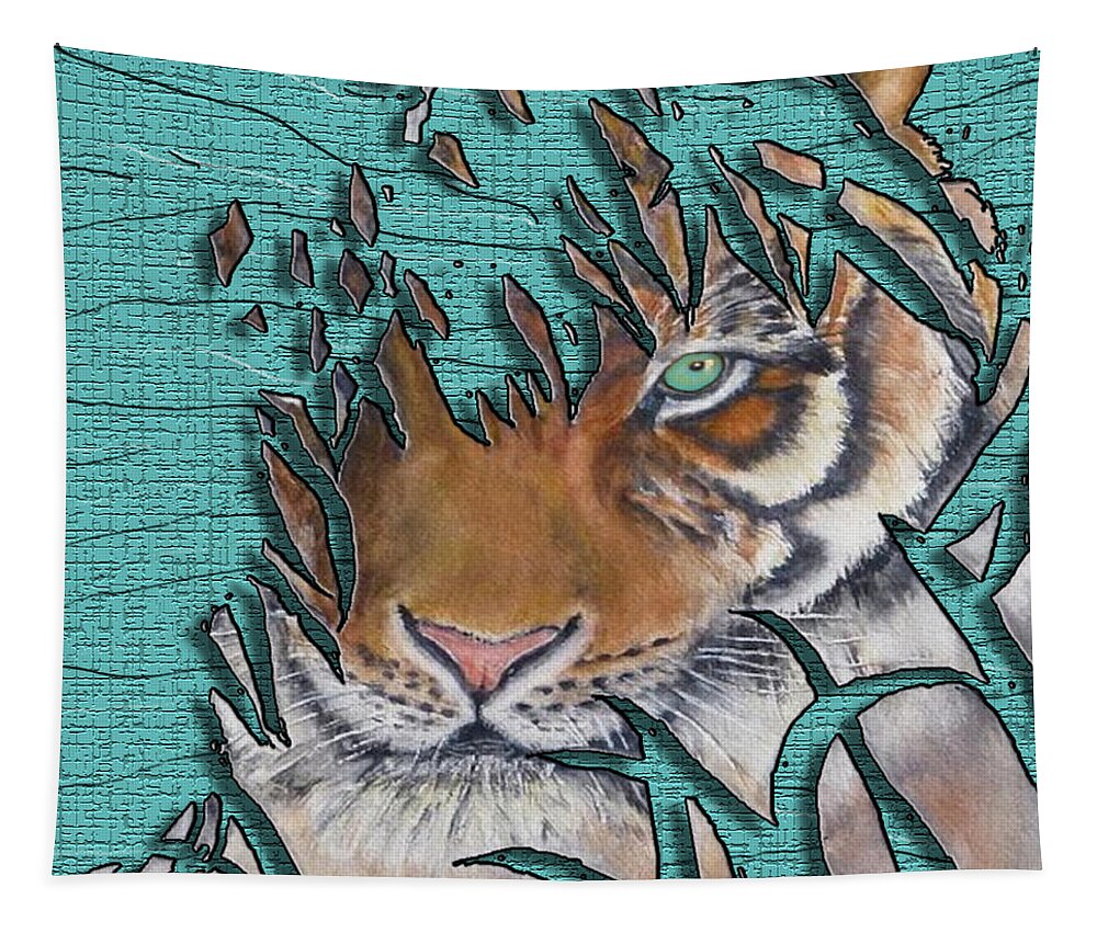 Lurking Tiger Tapestry featuring the mixed media Tiger's Gone to Pieces No.2 by Kelly Mills