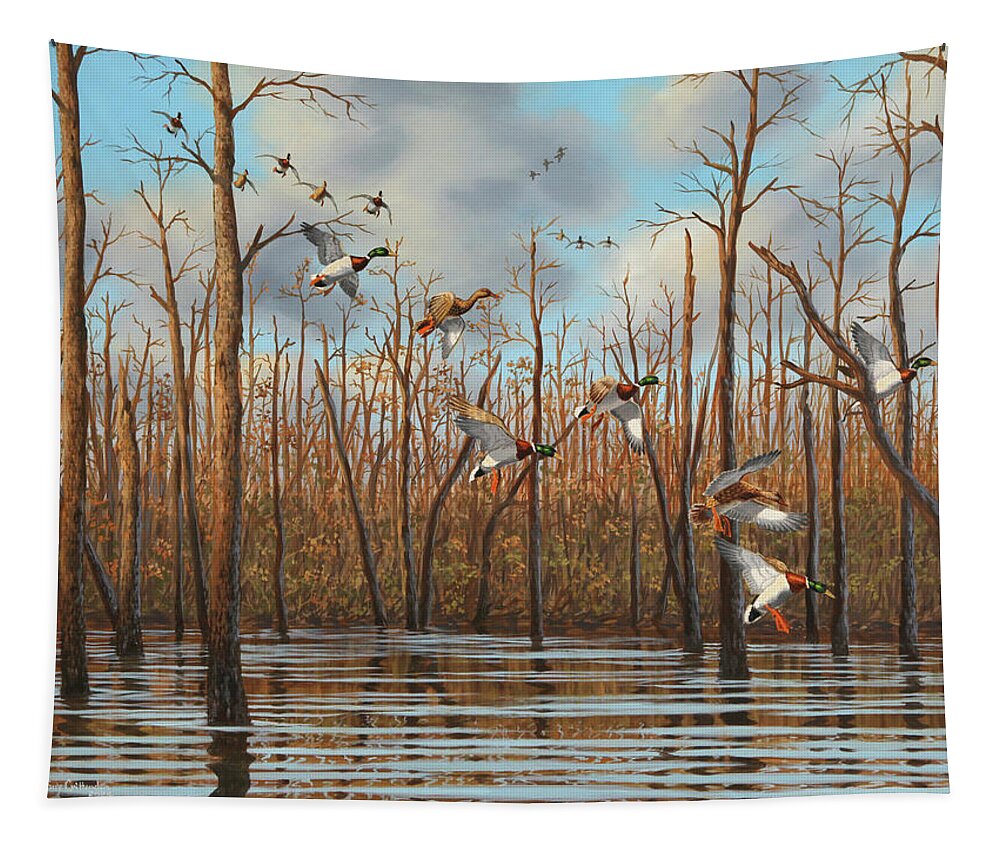 Mallards Tapestry featuring the painting Timber Hole by Guy Crittenden