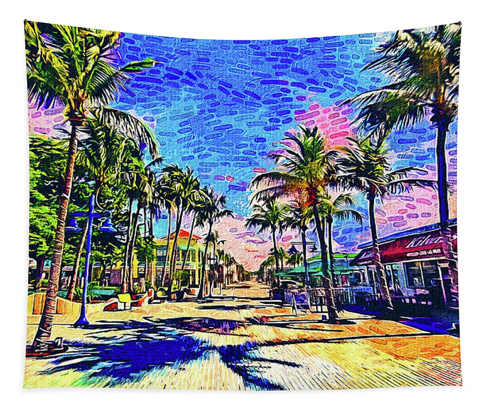 Fort Myers Tapestry featuring the digital art Times Square, Fort Myers, at sunrise - impressionist painting by Nicko Prints