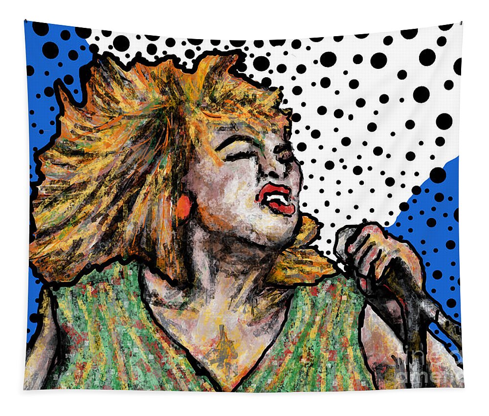 Tina Turner Rock Music Musican Icon Star Celebrity Abstract Lobby Office Mixed Media Digital Blue White Portrait Tapestry featuring the painting Tina Turner by Bradley Boug