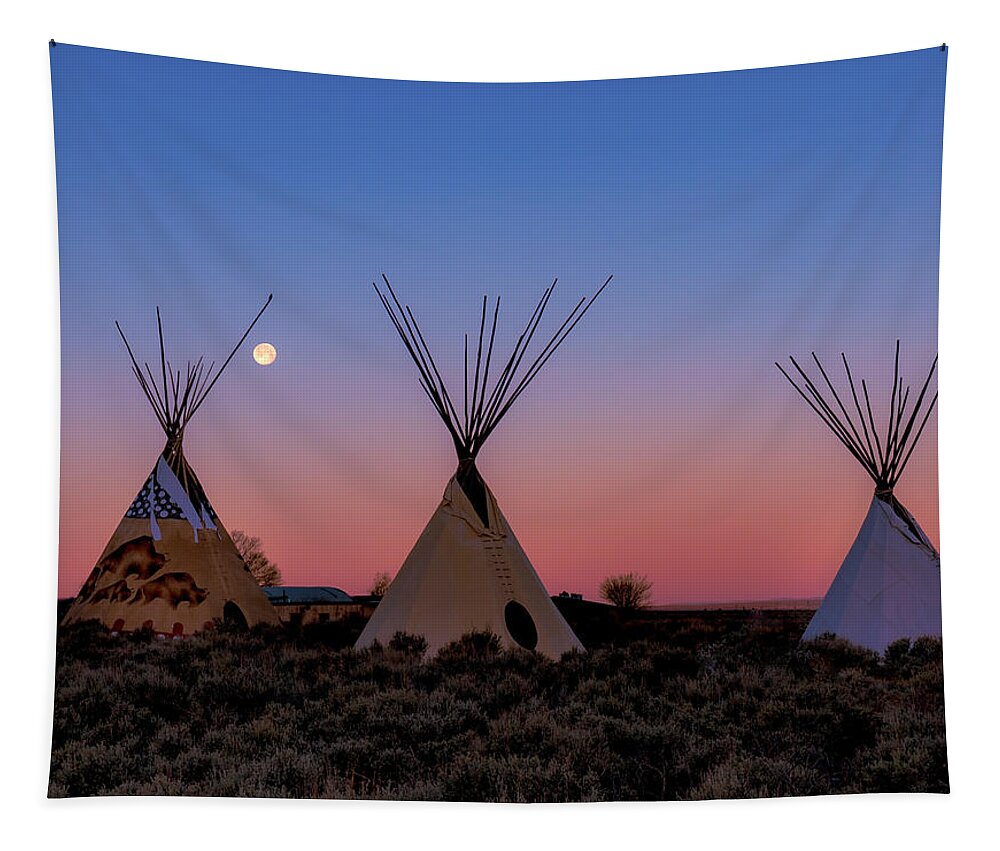 Taos Tapestry featuring the photograph Tipis with Morning Full Worm Moon by Elijah Rael