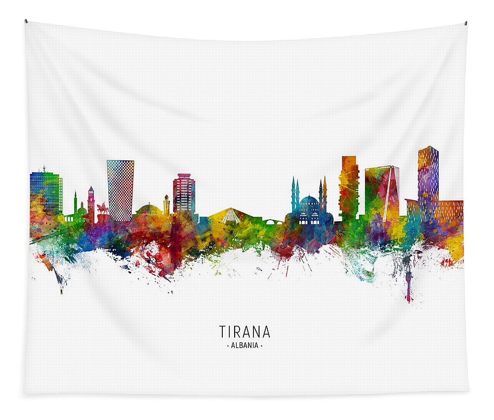 Tirana Tapestry featuring the digital art Tirana Albania Skyline #55 by Michael Tompsett