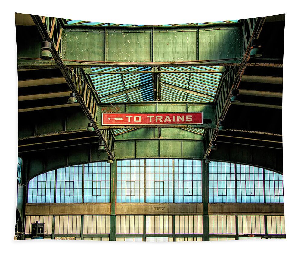 Central New Jersey Railroad Terminal Tapestry featuring the photograph To The Trains by Kristia Adams