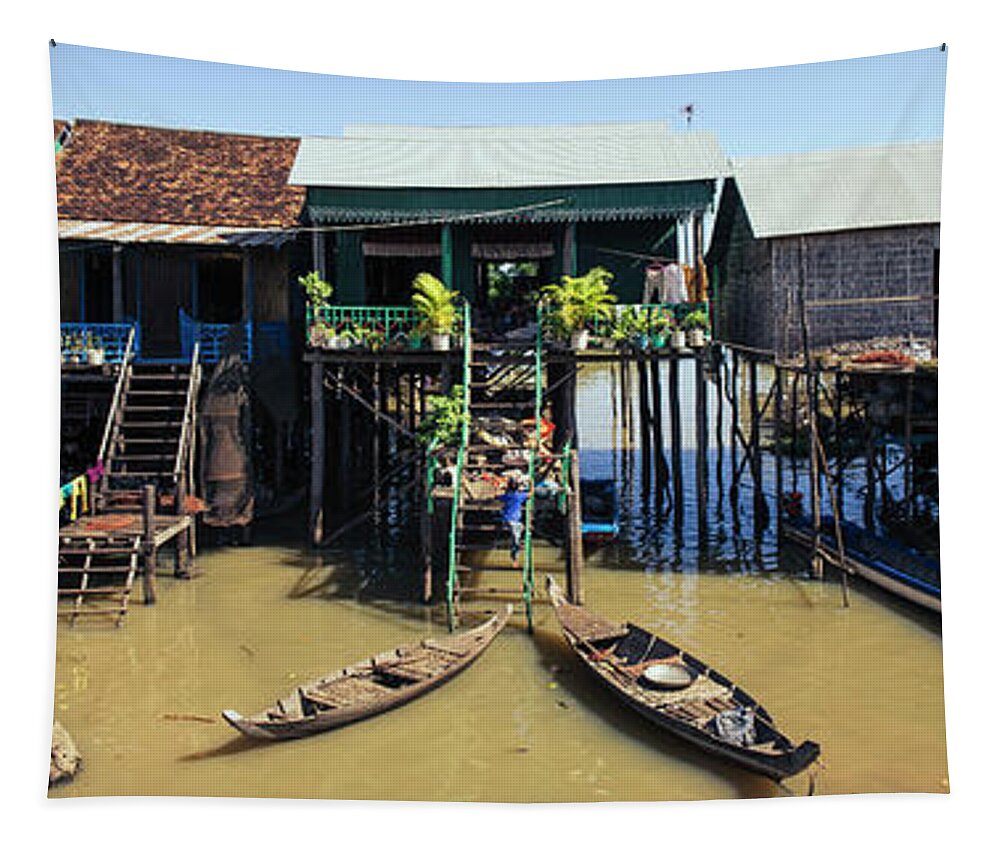 Panoramic Tapestry featuring the photograph Tonlesap lake cambodia floating village kampong khleang 4 by Sonny Ryse