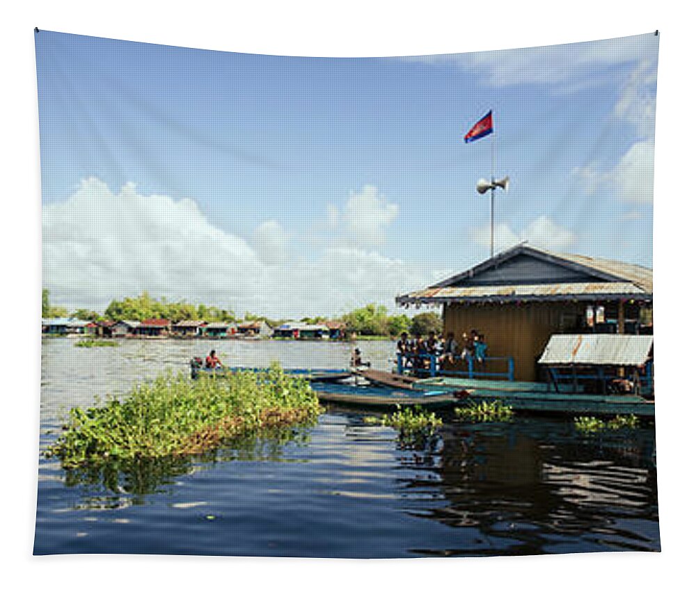 Panoramic Tapestry featuring the photograph Tonlesap lake cambodia floating village kampong khleang by Sonny Ryse