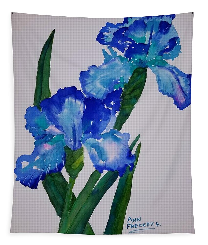 Iris Tapestry featuring the painting Too Blue Iris by Ann Frederick