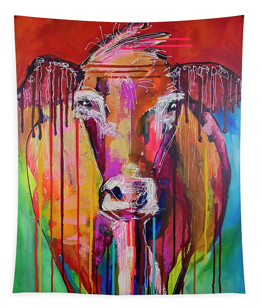 Cow Tapestry featuring the painting Too Moo for Yoo III by Robin Valenzuela