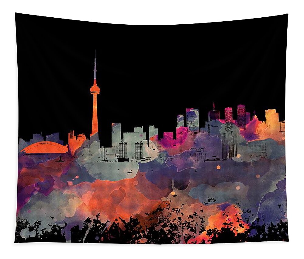 Toronto Tapestry featuring the mixed media Toronto Ontario Canada black skyline Design 251 by Lucie Dumas