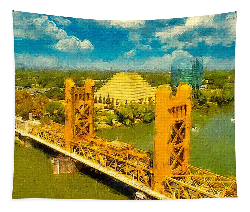 Tower Bridge Tapestry featuring the digital art Tower Bridge in Sacramento - digital painting by Nicko Prints