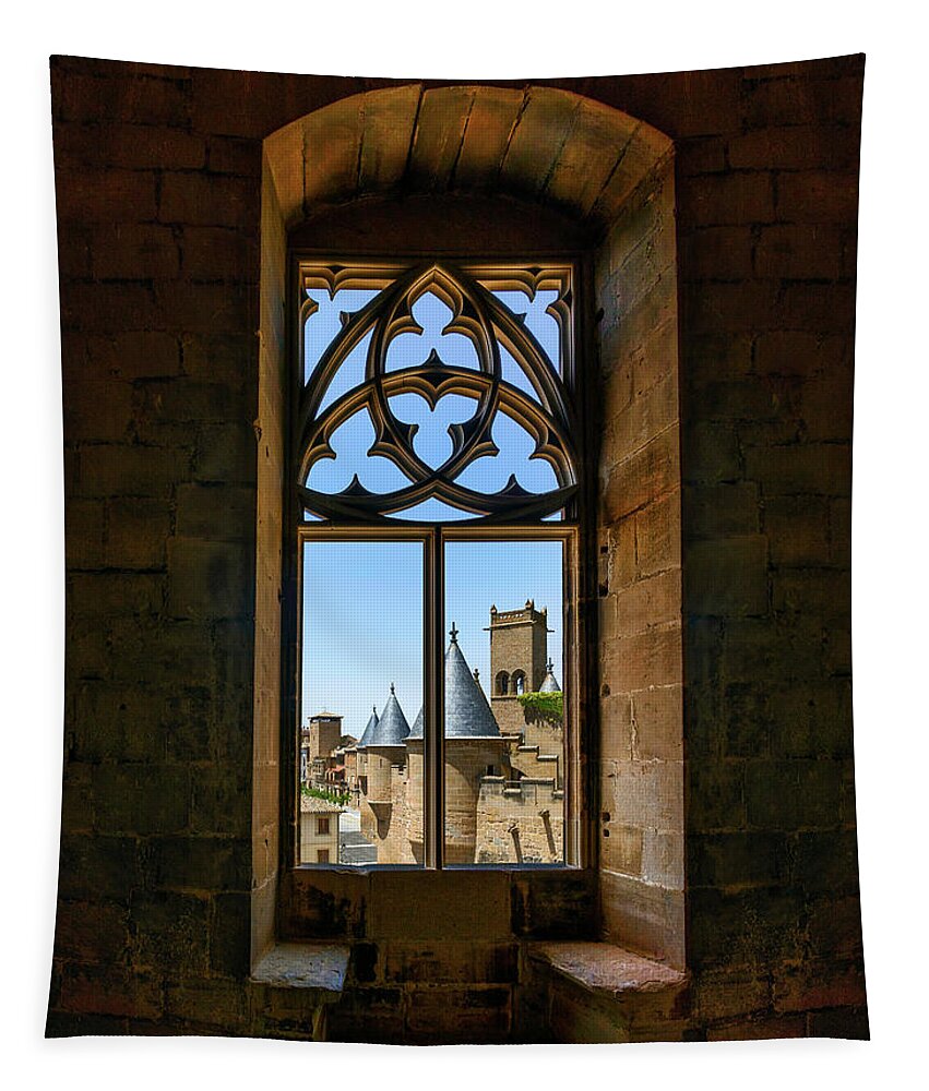 Ornate Tapestry featuring the photograph Tower's ornate window by Micah Offman