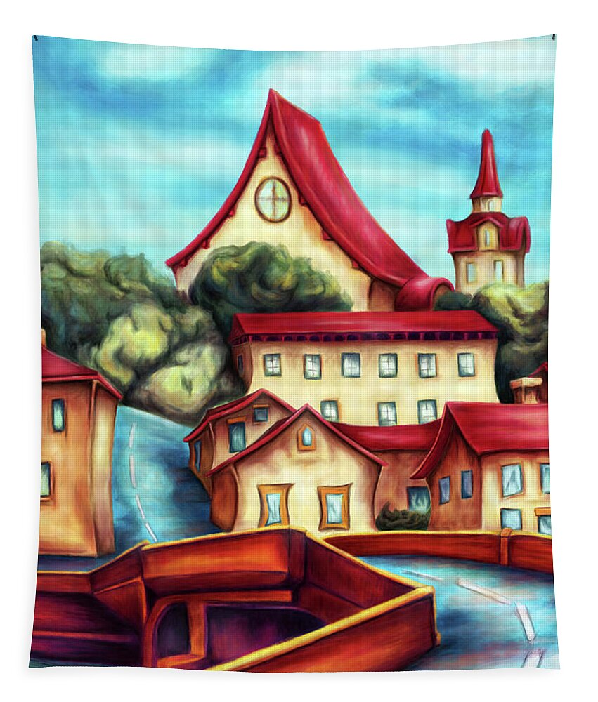 Town Tapestry featuring the painting Town landscape painting, bright landscape by Nadia CHEVREL