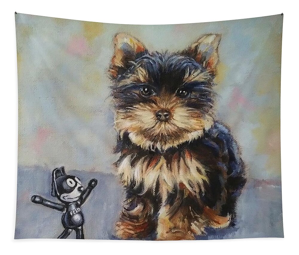 Yorkie Tapestry featuring the painting Toy VS Toy by Jean Cormier
