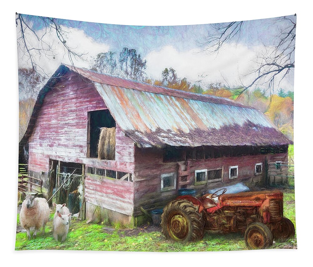 Barns Tapestry featuring the photograph Tractor at the Sheep Farm Painting by Debra and Dave Vanderlaan