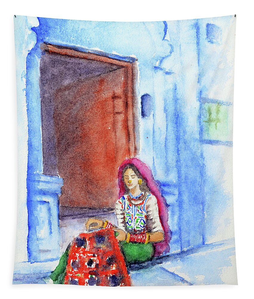 Traditional Handicrafts Tapestry featuring the painting Traditional handicrafts - Bundi series 15 by Uma Krishnamoorthy