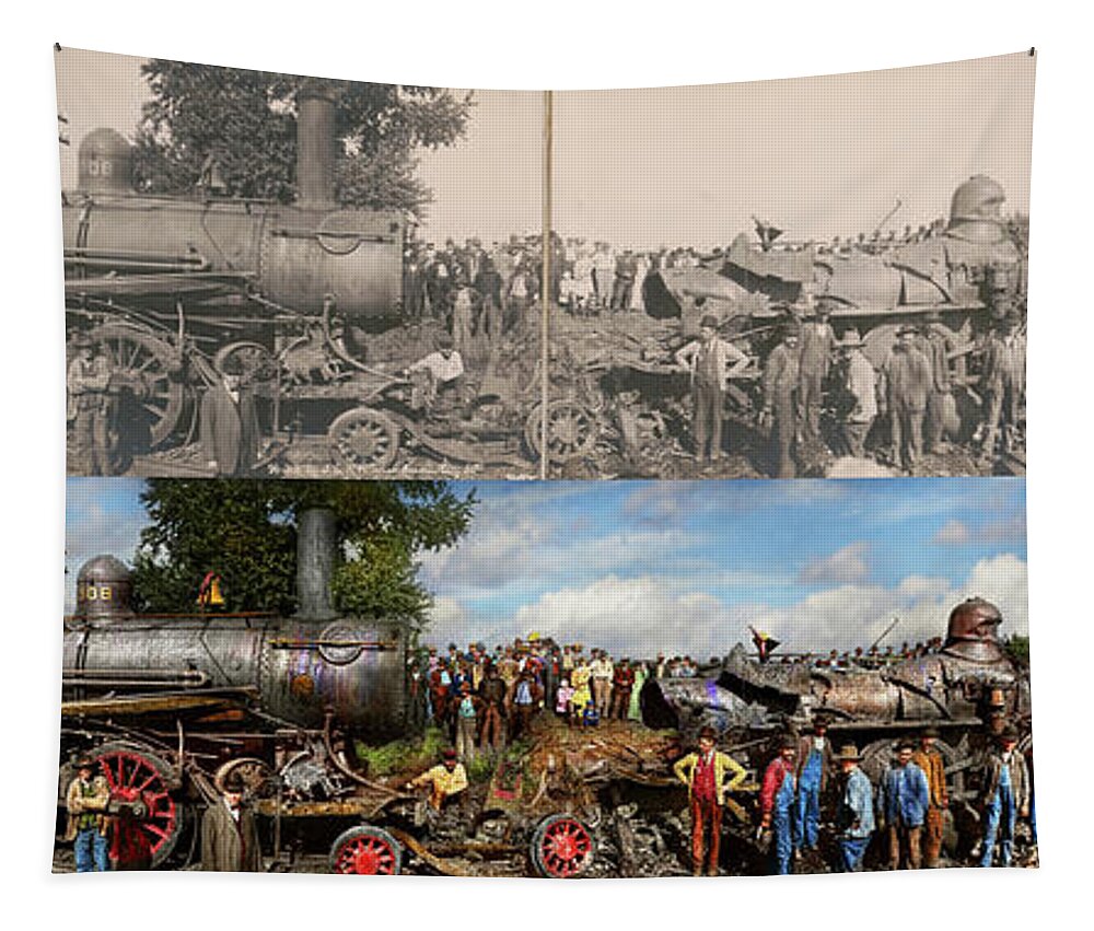 Train Tapestry featuring the photograph Train - Accident - Meeting head to head 1909 - Side by Side by Mike Savad