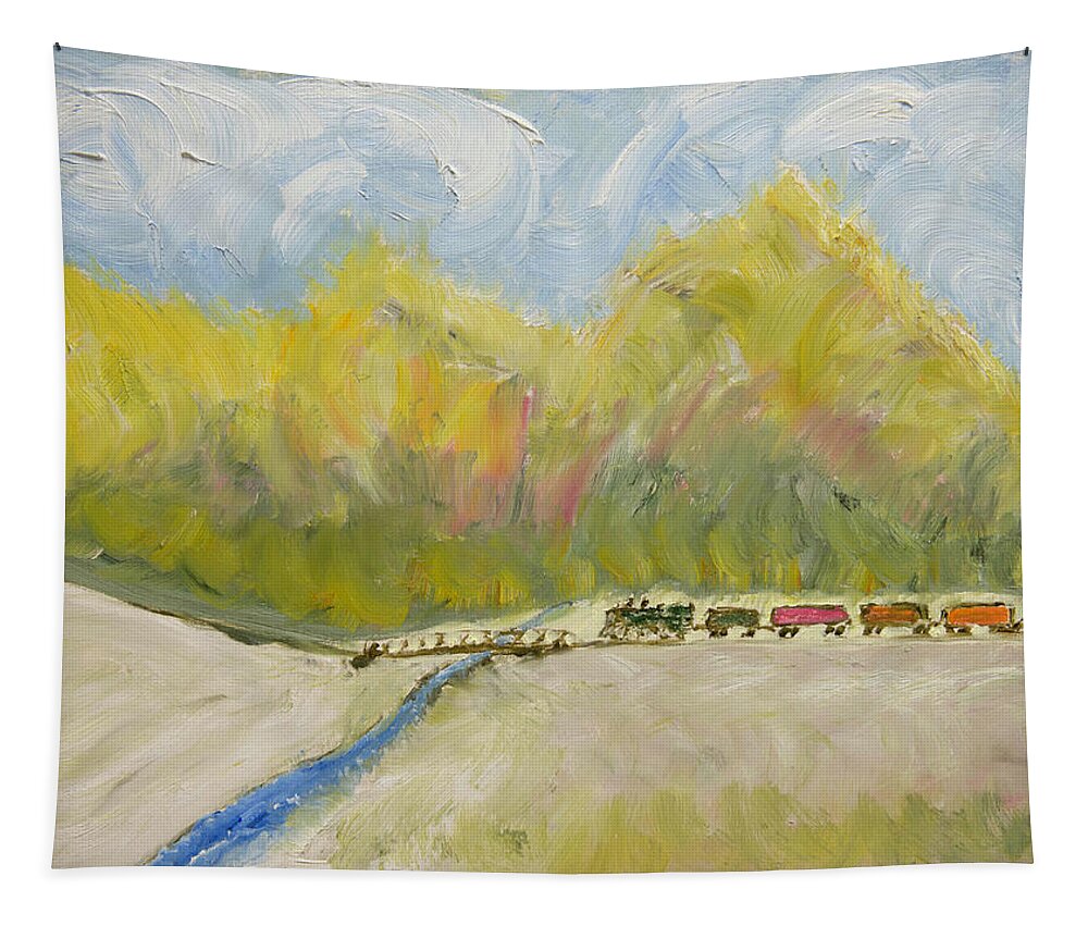  Tapestry featuring the painting Train Headed for a Bridge by David McCready