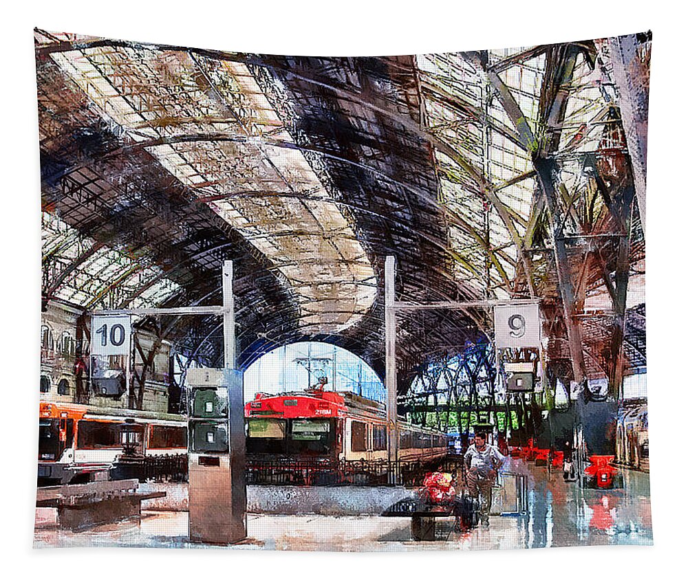 Train Station Barcelona Tapestry featuring the digital art Train Station in Barcelona, Spain by Tatiana Travelways
