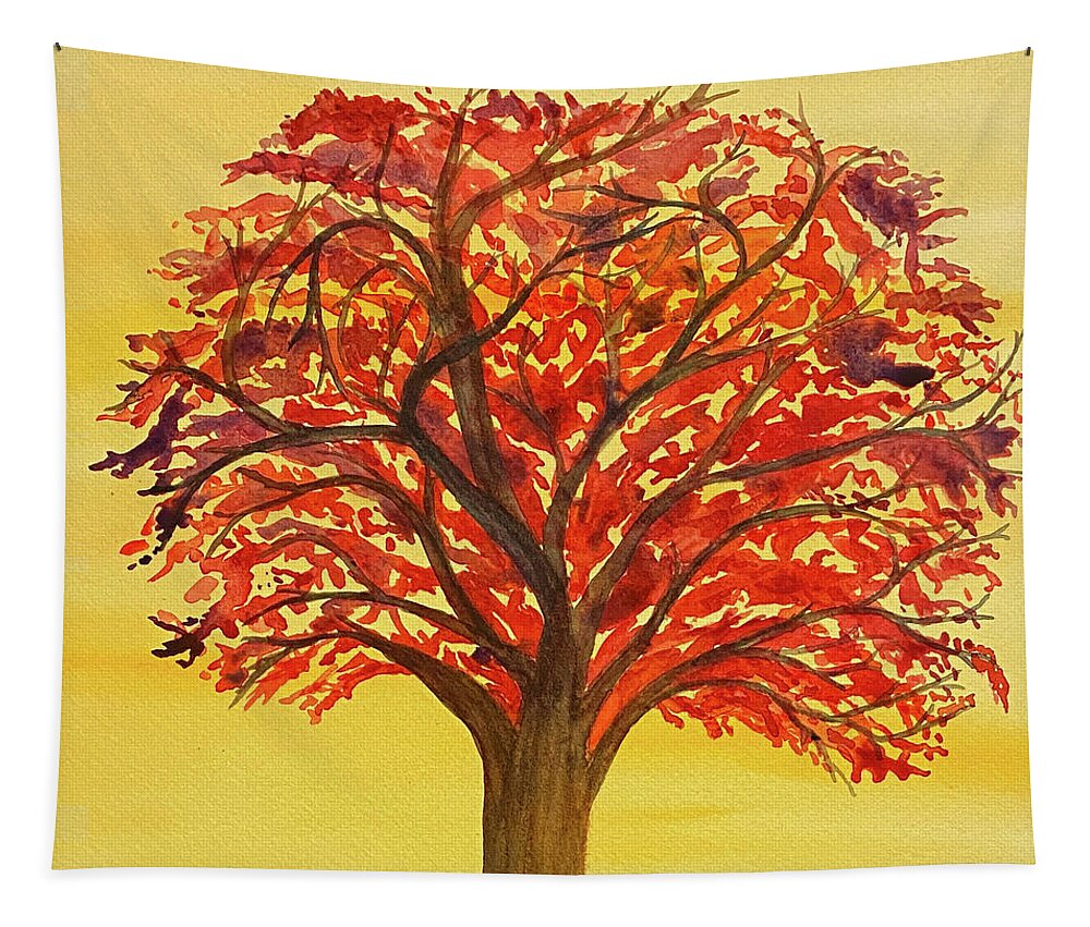 Fall Tapestry featuring the painting Tree in Red by Lisa Neuman