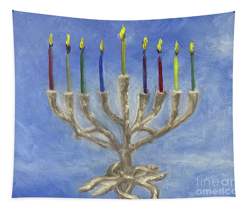 Chanukah Tapestry featuring the painting Tree of Life Menorah by Sheila Mashaw