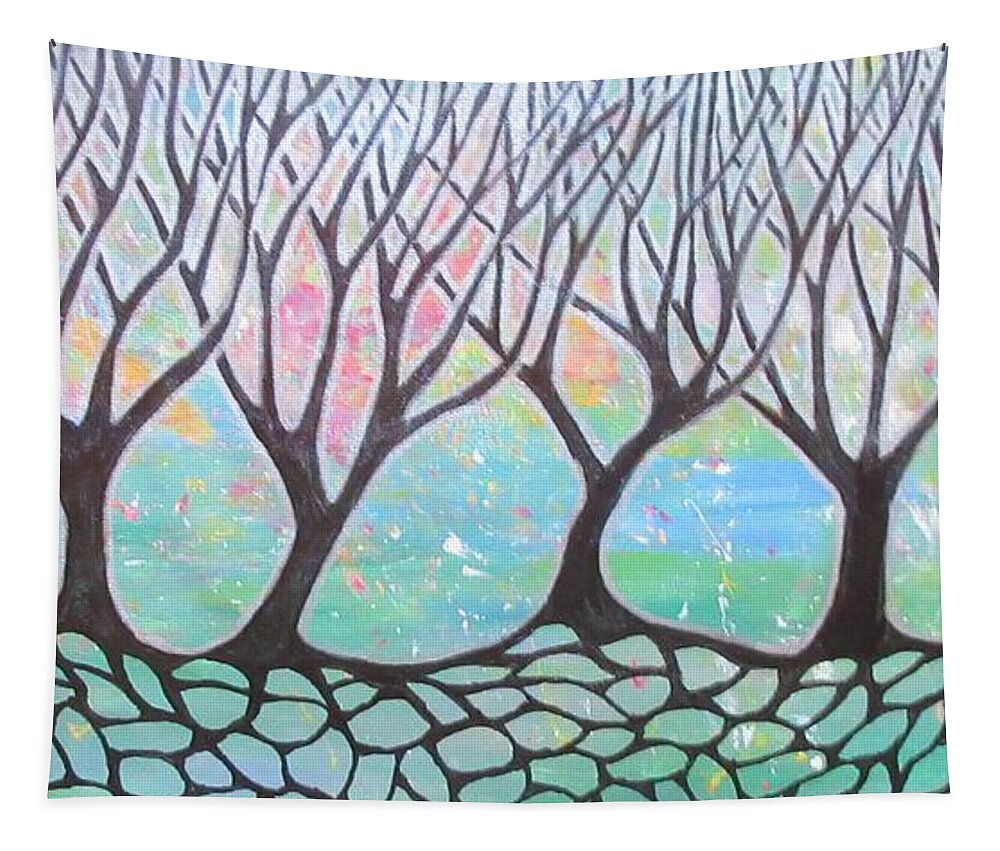 Tree Trees Abstract Landscape Green Lobby Mask Towel Decor Decrotive Woods Nature Pattern Tapestry featuring the painting Tree Stand by Bradley Boug