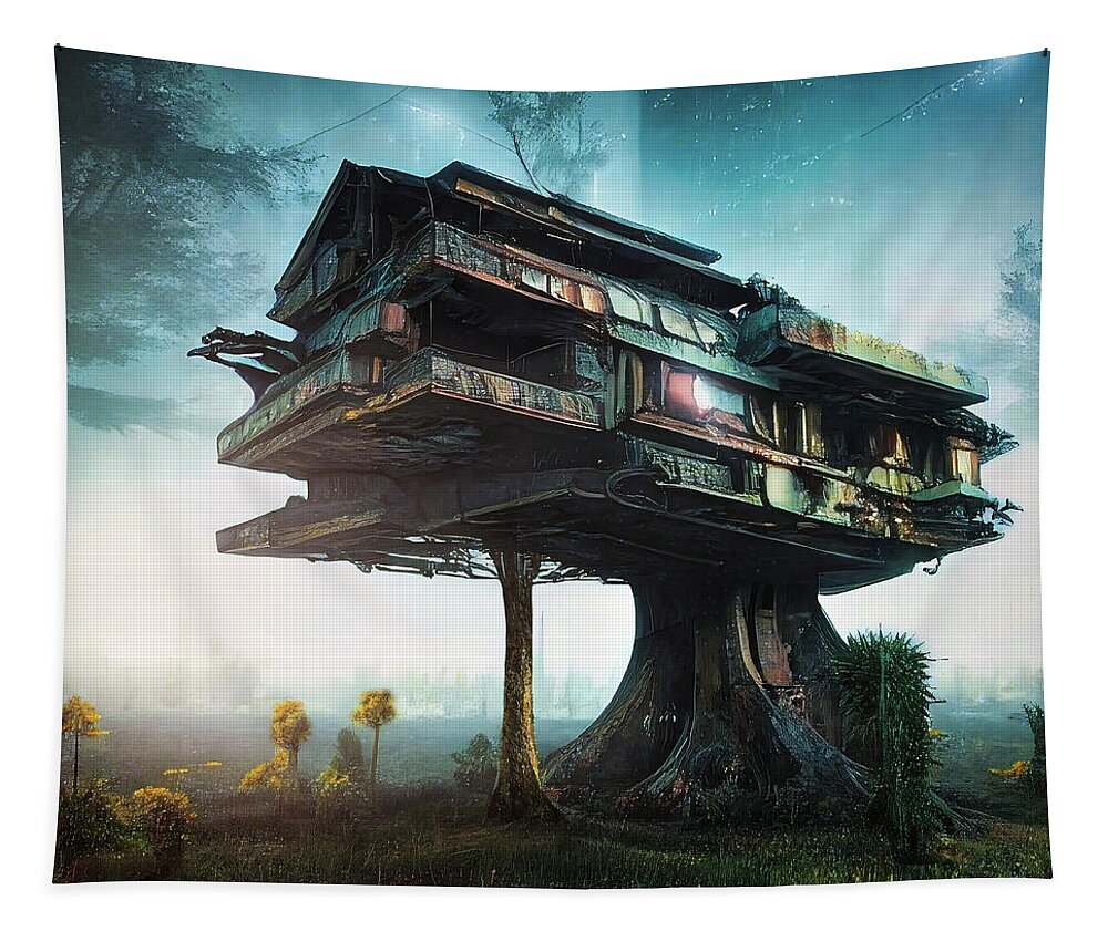 Treehouse Tapestry featuring the digital art Treehouse in the early morning mist by Micah Offman