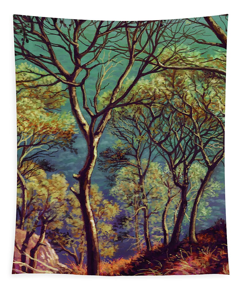 Shore Tapestry featuring the painting Trees by the Sea by Hans Neuhart