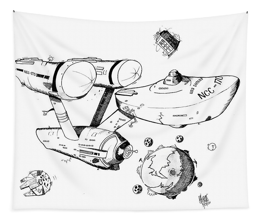 Star Trek Tapestry featuring the drawing Trek Black and White by Michael Hopkins
