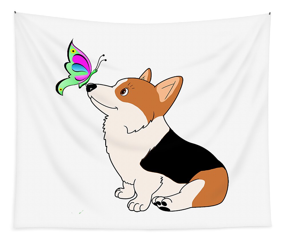Welsh Corgi Tapestry featuring the digital art Tricolor Corgi with Butterfly by Kathy Kelly