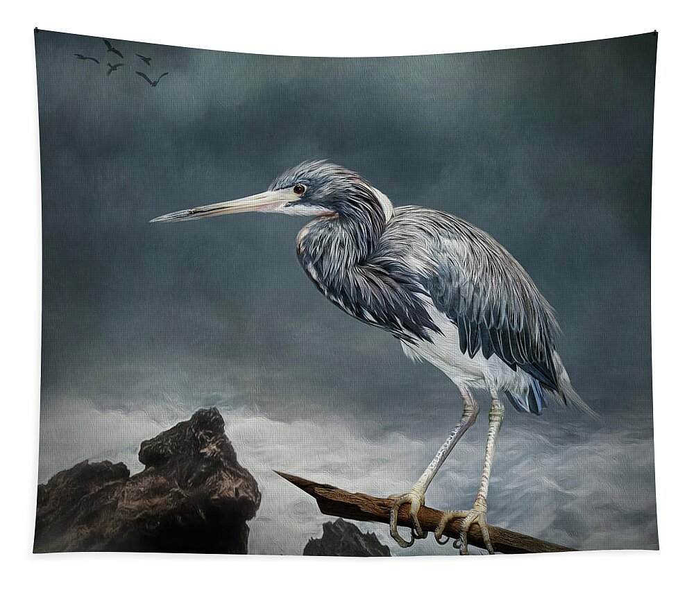 Tricolor Heron Tapestry featuring the digital art Tricolor Heron by Maggy Pease