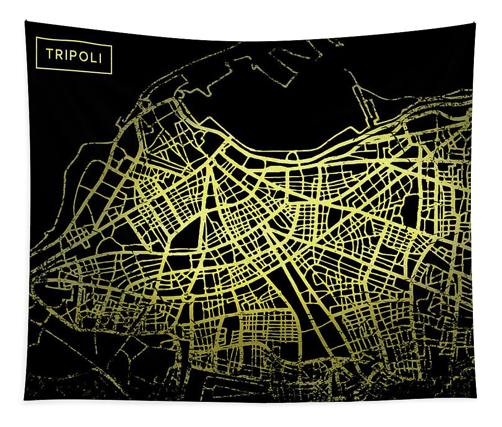 Map Tapestry featuring the digital art Tripoli Map in Gold and Black by Sambel Pedes