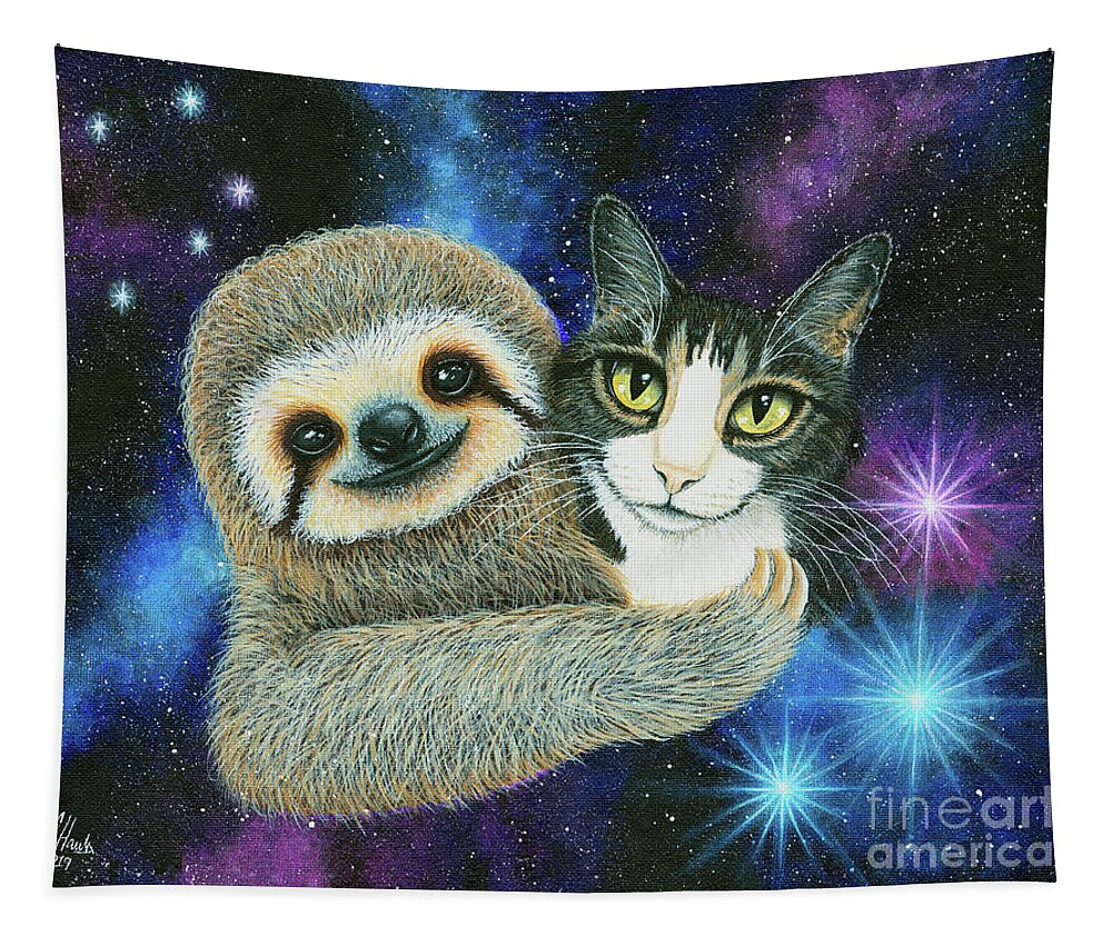 Tabby Cat Tapestry featuring the painting Trixie and Her Sloth Friend - Tabby Cat Galaxy by Carrie Hawks