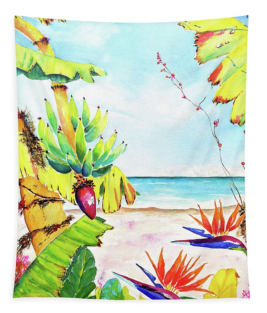 Tropical Tapestry featuring the painting Tropical Beach Garden Ocean View by Carlin Blahnik CarlinArtWatercolor