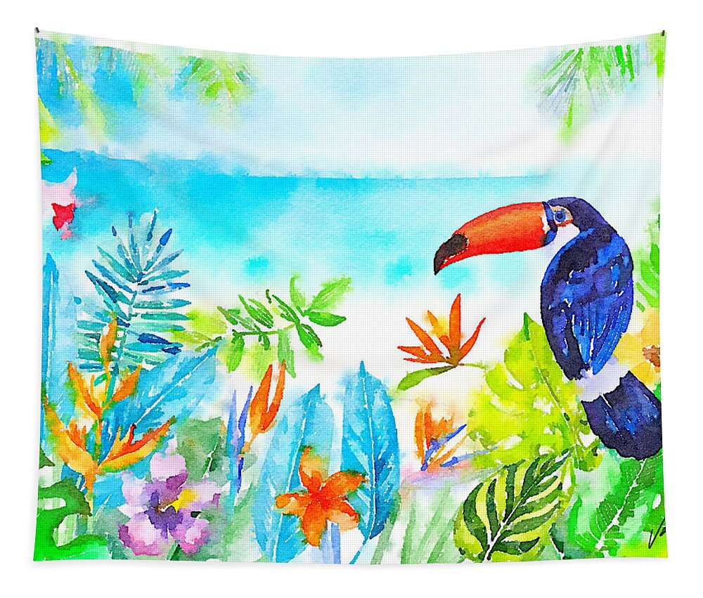 Topical Island Tapestry featuring the painting Tropical island - original watercolor by Vart by Vart