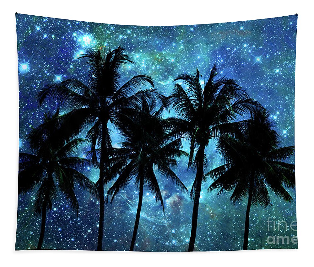 Night Tapestry featuring the photograph Tropical night, palm trees and stars by Delphimages Photo Creations
