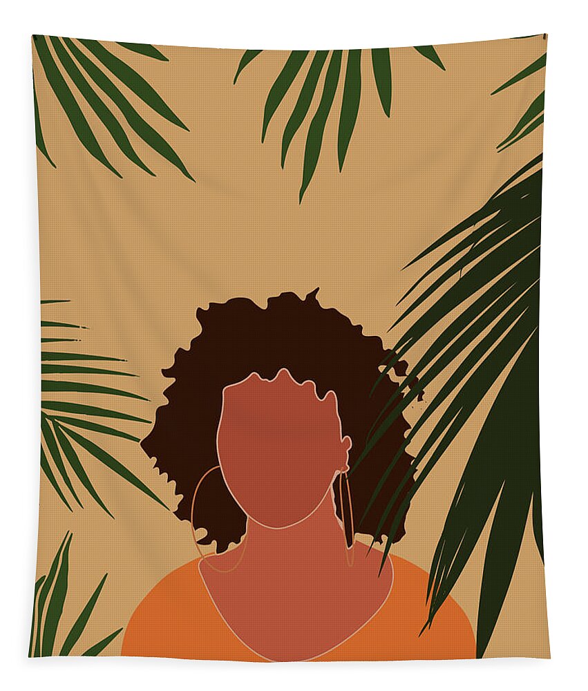 Tropical Reverie Tapestry featuring the mixed media Tropical Reverie - Modern Minimal Illustration 06 - Girl, Palm Leaves - Tropical Aesthetic - Brown by Studio Grafiikka