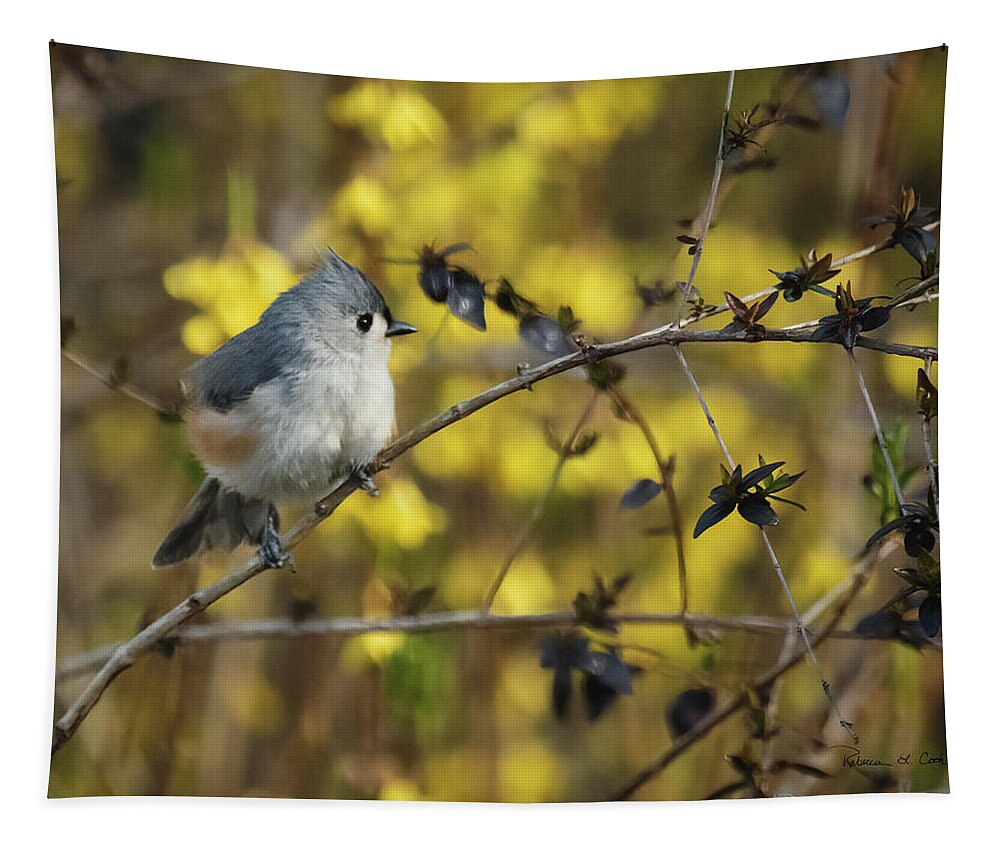 Tufted Titmouse In Abelia Shrub In South Carolina Tapestry featuring the photograph Tufted Titmouse In Abelia Shrub In South Carolina by Bellesouth Studio