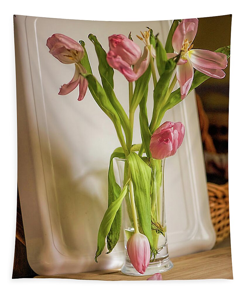 Pink Tulips Tapestry featuring the photograph Tulips On A Cutting Board In the Kitchen by Cordia Murphy