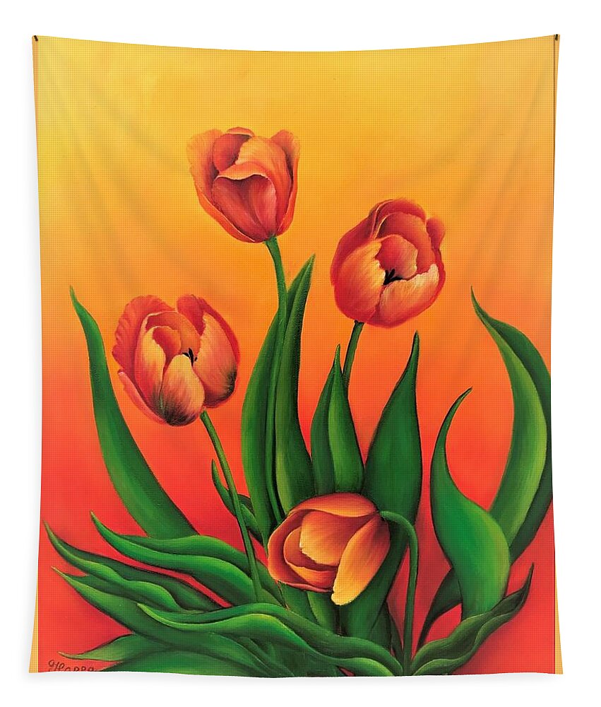  Tulips Oil Painting Original Art Picture Wall Art Painting Art For The Living Room Office Decor Gift Idea For Her Home Décor Art For Sale Flowers Red Flowers Bright Tulips Framed Art Tapestry featuring the painting Tulips by Tanya Harr